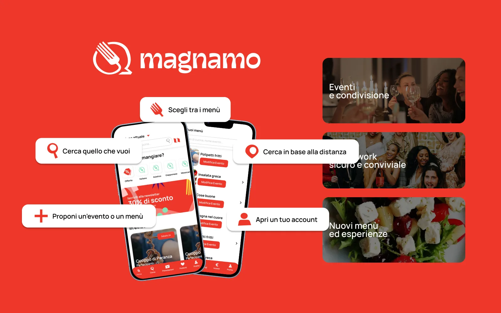 Le funzioni dell'app Magnamo: cerca, menù, eventi, account