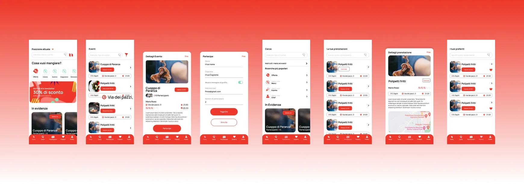 Schermate dell'app: home, eventi, dettaglio, partecipa, cerca, prenotazioni, preferiti