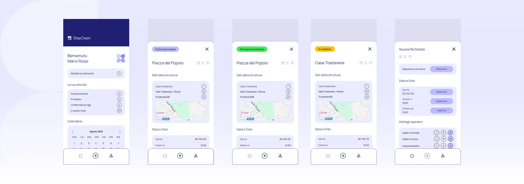 Cinque schermate dell'app: home, intervento terminato, richiesta accettata, in sospeso, nuova richiesta